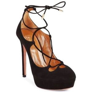 AQUAZZURA DANCER PLATEAU BLACK SUEDE LACE-UP PUMPS